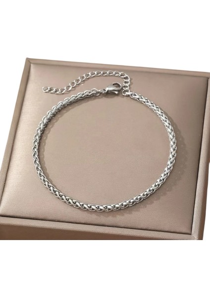 Çelik Bileklik Burgu Zincir Model 3 mm Kalınlık 18 cm Uzunluk 6 cm Ek Ayarlanabilir Gümüş (Silver)