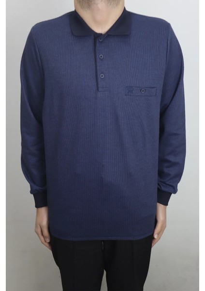 Fistan Store Erkek Ince Çizgili Klasik Rahat Kalıp Polo Yaka Tek Cepli Kışlık Selanik Kazak