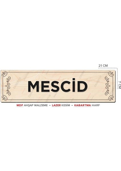 AT01028 - Mescid Lazer Kesim Kabartma Harf Mdf Ahşap Yönlendirme Tabelası (21×7cm)