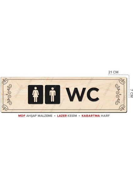 AT01036 - Wc Simgeli Lazer Kesim Kabartma Harf Mdf Ahşap Yönlendirme Tabelası (21×7cm)