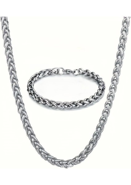 Çelik Takı Seti Bileklik Kolye Burgu Zincir Model 3 mm Kalınlık 18-55 cm Uzunluk Gümüş Silver