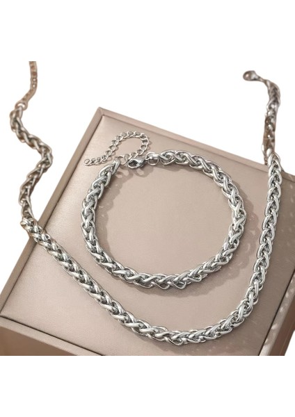 Çelik Takı Seti Bileklik Kolye Burgu Zincir Model 3 mm Kalınlık 18-55 cm Uzunluk Gümüş Silver