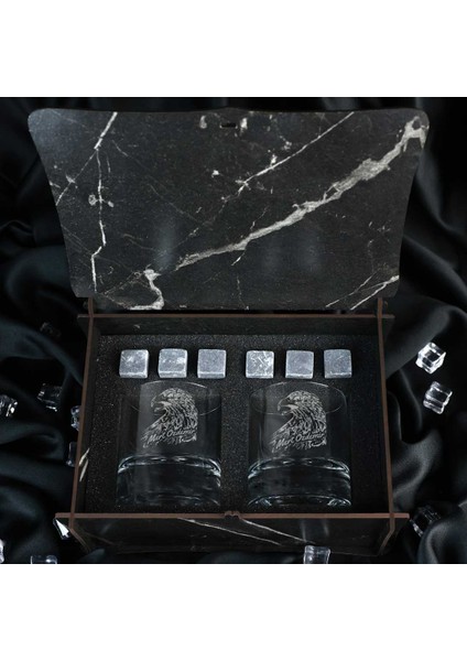 Ahşap Kutulu Kartal Desenli Isme Özel Taşlı ve 2'li Viski Kadehi Seti fiyatları