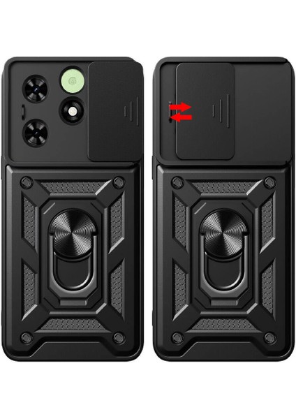 Tecno Spark 20C ile Uyumlu Kılıf Sürgülü Siyah Panther Yüzüklü Silikon Orijinal (Tecno Spark 20C ile Uyumlu, Sürgülü Siyah)