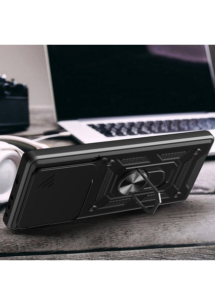 Tecno Camon 30 Pro 5g ile Uyumlu Kılıf Sürgülü Siyah Panther Yüzüklü Silikon Orijinal (Tecno Camon 30 Pro 5g ile Uyumlu, Sürgülü Siyah)