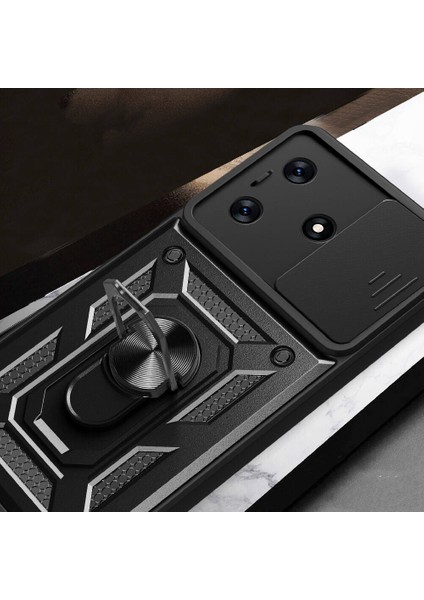 Tecno Spark 10C ile Uyumlu Kılıf Sürgülü Siyah Panther Yüzüklü Silikon Orijinal (Tecno Spark 10C ile Uyumlu, Sürgülü Siyah)