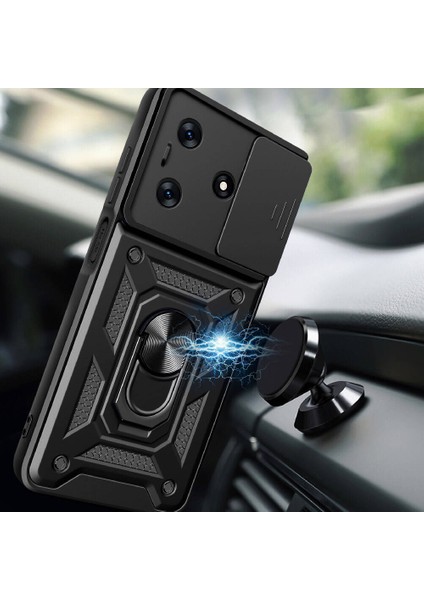 Tecno Spark 10C ile Uyumlu Kılıf Sürgülü Siyah Panther Yüzüklü Silikon Orijinal (Tecno Spark 10C ile Uyumlu, Sürgülü Siyah)