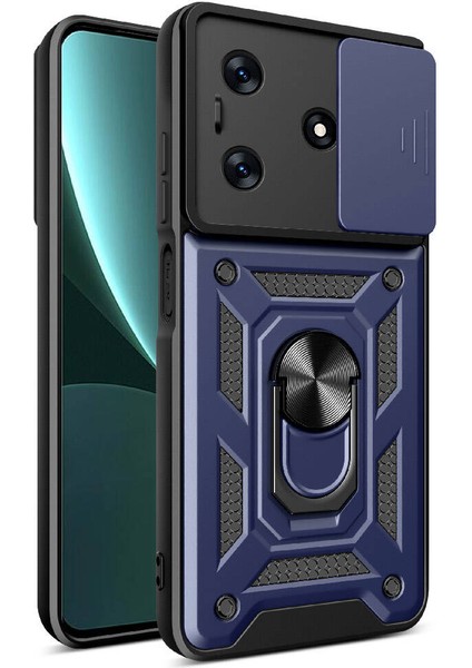Tecno Spark 10 4g ile Uyumlu Kılıf Sürgülü Mavi Panther Yüzüklü Silikon Orijinal (Tecno Spark 10 4g ile Uyumlu, Sürgülü Mavi)