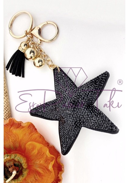 Siyah Taşlı Yıldız Anahtarlık ve Çanta Süsü