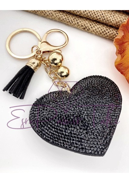 Siyah Taşlı Kalp Anahtarlık ve Çanta Süsü