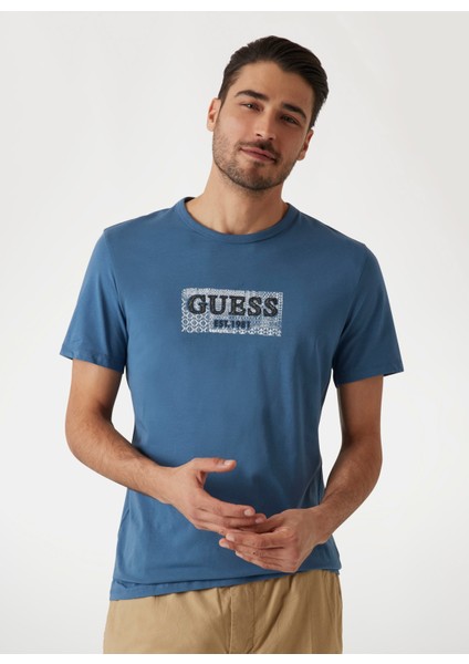Bisiklet Yaka Desenli Mavi Erkek T-Shirt M5GI19J1314A73H Ss Cn Guess Box St