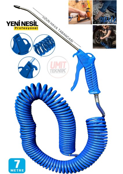 Uzun 7 Metre Hava Tabancası Yeni Nesil Spiral Hava Hortumu Kompresör Hava Tabancası Set-7 Metre