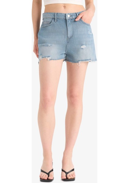 Yüksek Bel Yırtık Detaylı Jean Şort