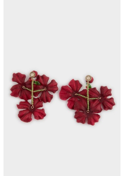 Kadın Bordo Hasır Detaylı Küpe F0846AXNS