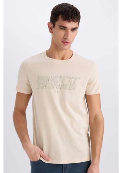 %100 Pamuk Slim Fit Dar Kesim Bisiklet Yaka Baskılı Kısa Kollu Tişört E0577AX25SM