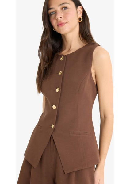 Fitted Bisiklet Yaka Keten Karışımlı Blazer Yelek F5406AX25SM