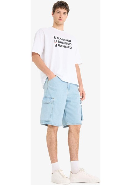 %100 Pamuk Kargo Fit Jean Bermuda Şort E1381AX25SM
