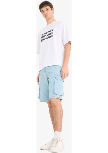 %100 Pamuk Kargo Fit Jean Bermuda Şort E1381AX25SM