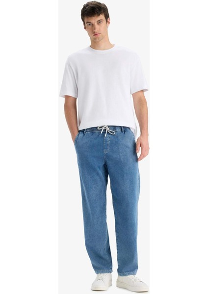 Yazlık Wide Leg Geniş Kalıp Beli Lastikli Geniş Paça Jean Kar Yıkamalı Pantolon F3906AX25SM fırsatları