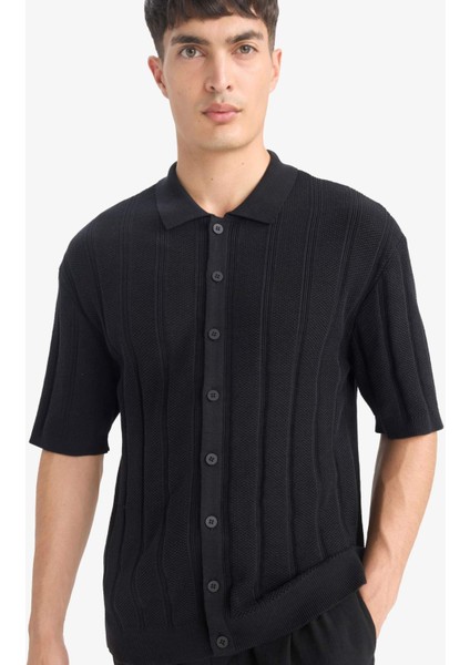 %100 Pamuk Standart Fit Kısa Kollu Siyah Triko Polo Tişört E4605AX25SM