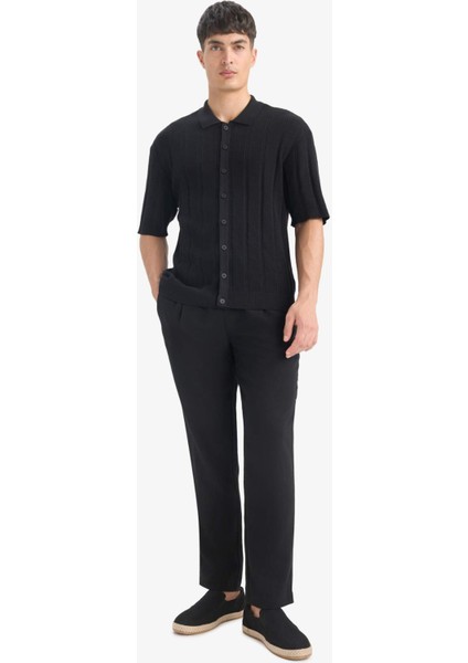 %100 Pamuk Standart Fit Kısa Kollu Siyah Triko Polo Tişört E4605AX25SM