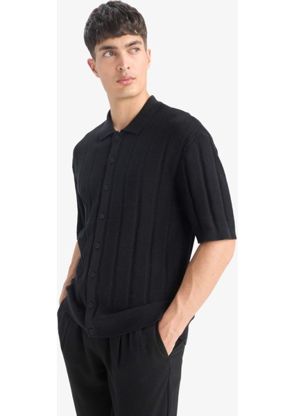 %100 Pamuk Standart Fit Kısa Kollu Siyah Triko Polo Tişört E4605AX25SM