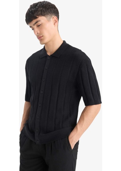 %100 Pamuk Standart Fit Kısa Kollu Siyah Triko Polo Tişört E4605AX25SM