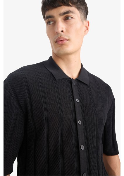 %100 Pamuk Standart Fit Kısa Kollu Siyah Triko Polo Tişört E4605AX25SM