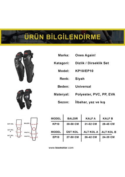 Ones Agaın KP10/EP10 Dizlik Dirseklik Set