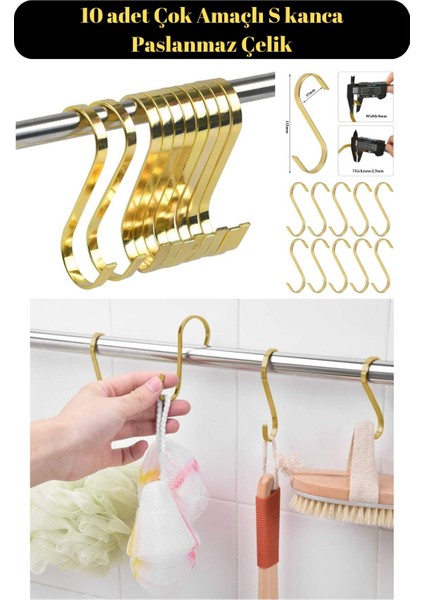 10 Adet Gold Renk Çok Amaçlı Paslanmaz Çelik S Kanca - Mutfak Banyo Depo Gardırop Kancası
