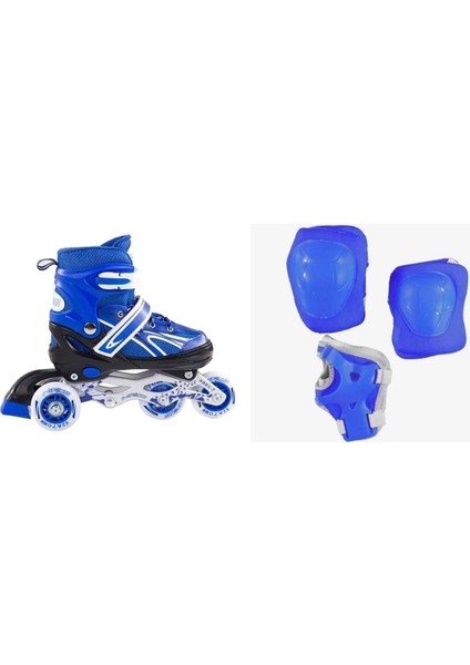 Mavi Ayarlanabilir 2+1+1 Alıştırma Işıklı Çocuk Pateni Çantalı- Dizlik Dirseklik Set