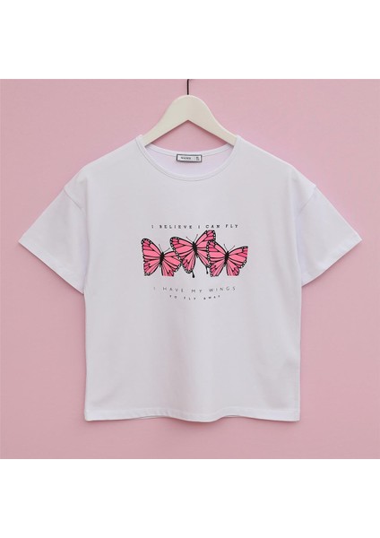 Kız Çocuk Kısa Kol Yazlık Tişört - (9 Yaş-14 Yaş) - 32427 - Beyaz