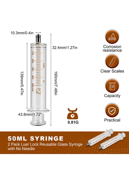 2 Paket Luer Lock Yeniden Kullanılabilir Iğnesiz Cam Şırınga, 50ML (Yurt Dışından)