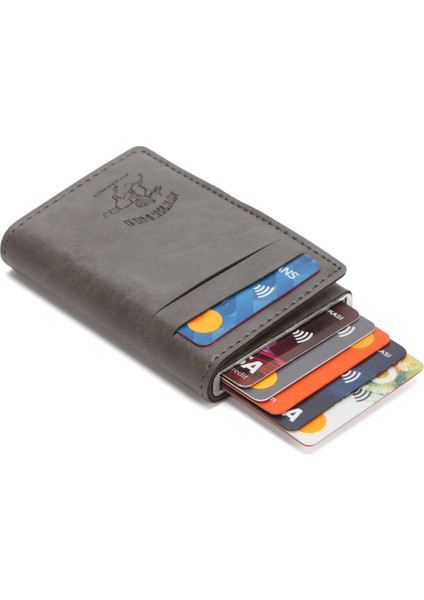 Erkek Vegan Deri Rfid Korumalı Mekanizmalı Otomatik Kızaklı Kartlık ve Cüzdan NEW340 - Gri