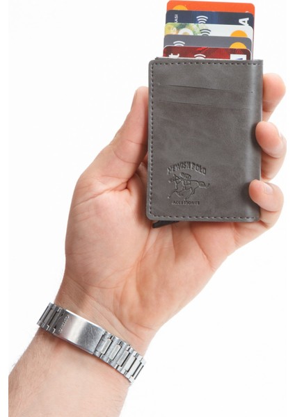 Erkek Vegan Deri Rfid Korumalı Mekanizmalı Otomatik Kızaklı Kartlık ve Cüzdan NEW340 - Gri indirimleri