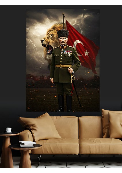 Aslan ve Mustafa Kemal Atatürk Dekoratif Kanvas - Mdf Ahşap Tablo