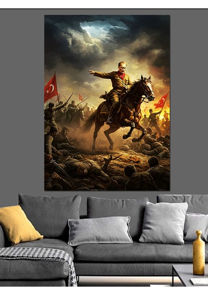Mustafa Kemal Atatürk At Üstünde Dekoratif Kanvas - Mdf Ahşap Tablo