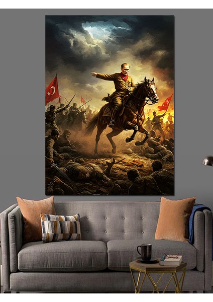 Mustafa Kemal Atatürk At Üstünde Dekoratif Kanvas - Mdf Ahşap Tablo
