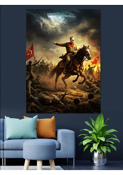 Mustafa Kemal Atatürk At Üstünde Dekoratif Kanvas - Mdf Ahşap Tablo
