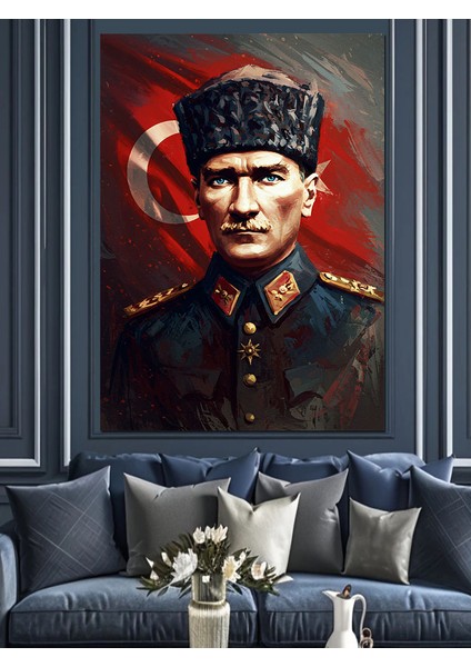 Mustafa Kemal Atatürk ve Bayrak Dekoratif Kanvas - Mdf Ahşap Tablo