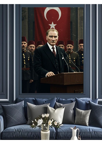 Kürsüde Liderin Sesi Mustafa Kemal Atatürk Dekoratif Kanvas - Mdf Ahşap Tablo