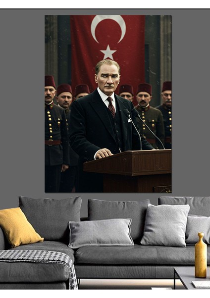 Kürsüde Liderin Sesi Mustafa Kemal Atatürk Dekoratif Kanvas - Mdf Ahşap Tablo
