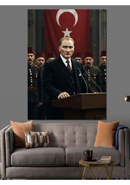 Kürsüde Liderin Sesi Mustafa Kemal Atatürk Dekoratif Kanvas - Mdf Ahşap Tablo