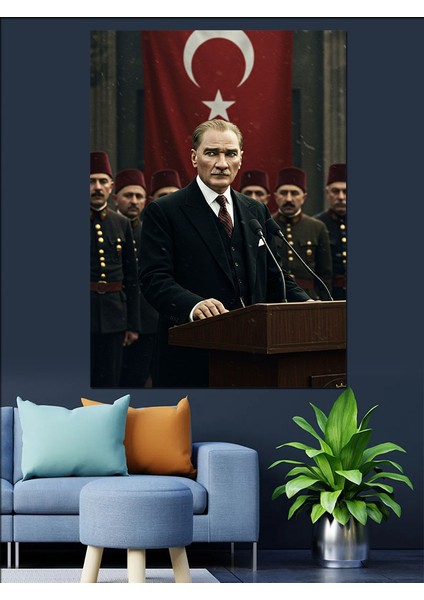 Kürsüde Liderin Sesi Mustafa Kemal Atatürk Dekoratif Kanvas - Mdf Ahşap Tablo