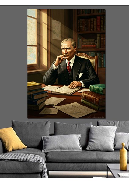 Mustafa Kemal Atatürk ve Kitap Dekoratif Kanvas - Mdf Ahşap Tablo
