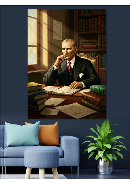 Mustafa Kemal Atatürk ve Kitap Dekoratif Kanvas - Mdf Ahşap Tablo