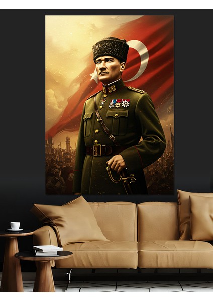 Bayrak Önü Mustafa Kemal Atatürk Dekoratif Kanvas - Mdf Ahşap Tablo
