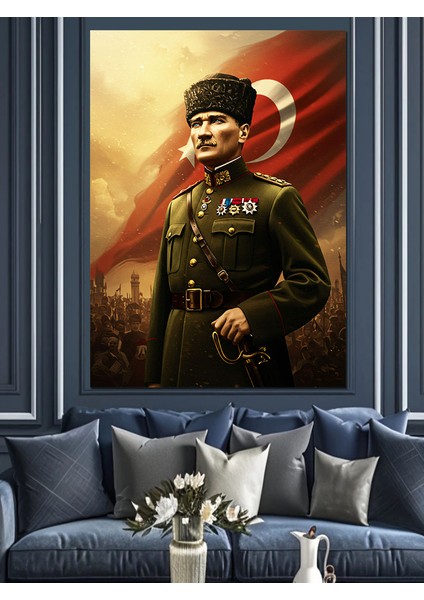 Bayrak Önü Mustafa Kemal Atatürk Dekoratif Kanvas - Mdf Ahşap Tablo fiyatları