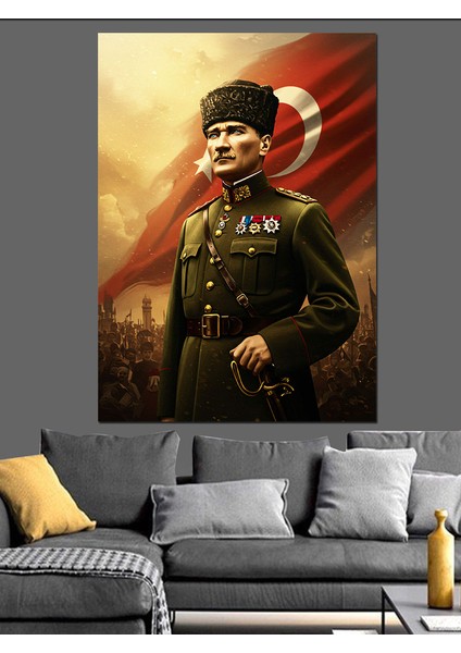 Bayrak Önü Mustafa Kemal Atatürk Dekoratif Kanvas - Mdf Ahşap Tablo modelleri