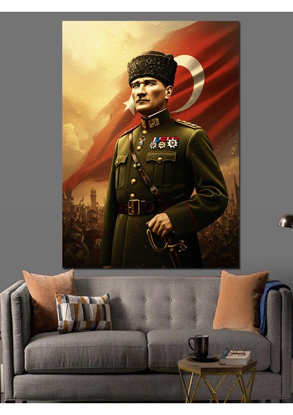 Bayrak Önü Mustafa Kemal Atatürk Dekoratif Kanvas - Mdf Ahşap Tablo fırsatları